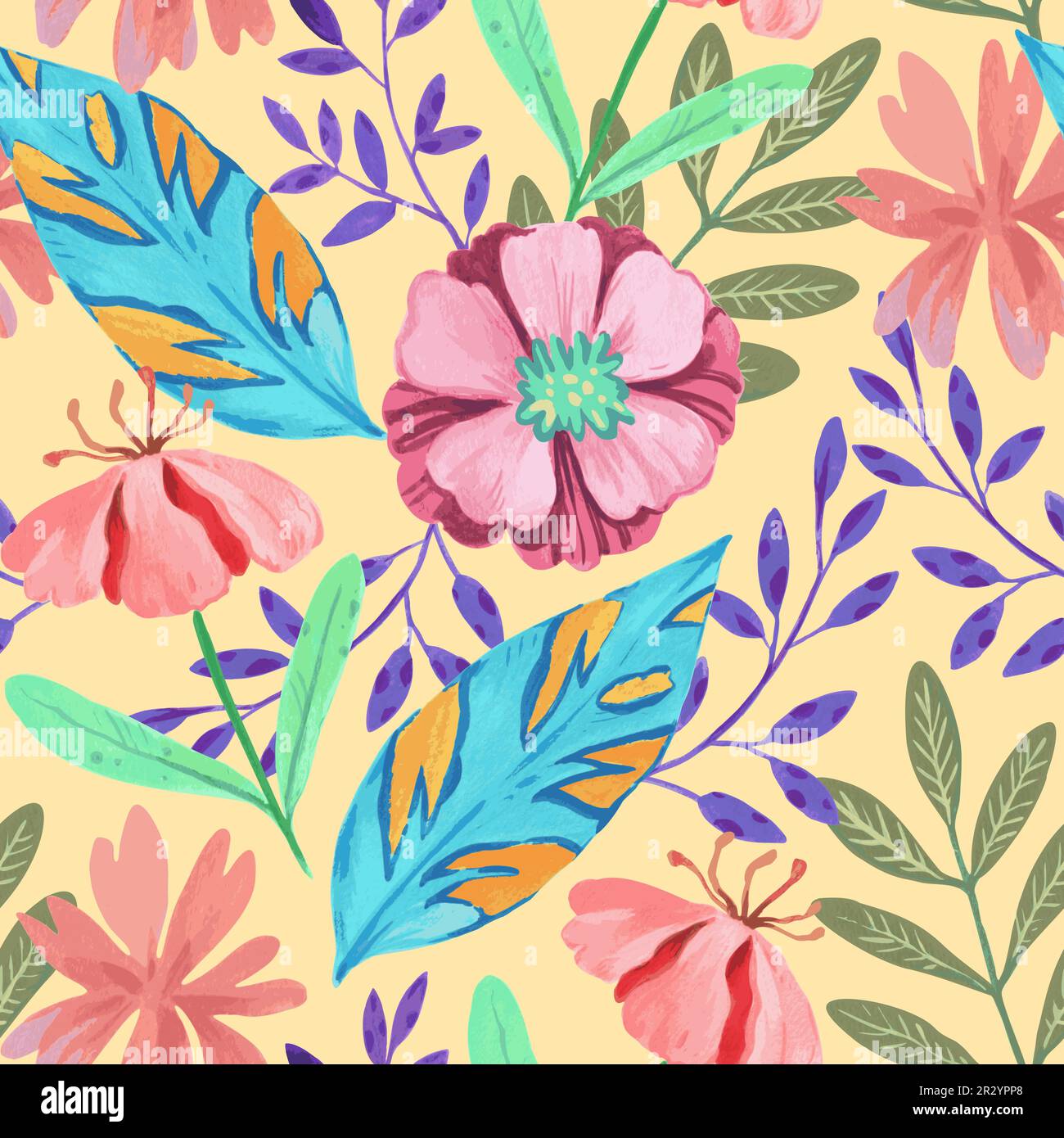 Motif sans couture avec fleurs roses abstraites et divers éléments botaniques aquarelle. Illustration vectorielle dessinée à la main. Illustration de Vecteur