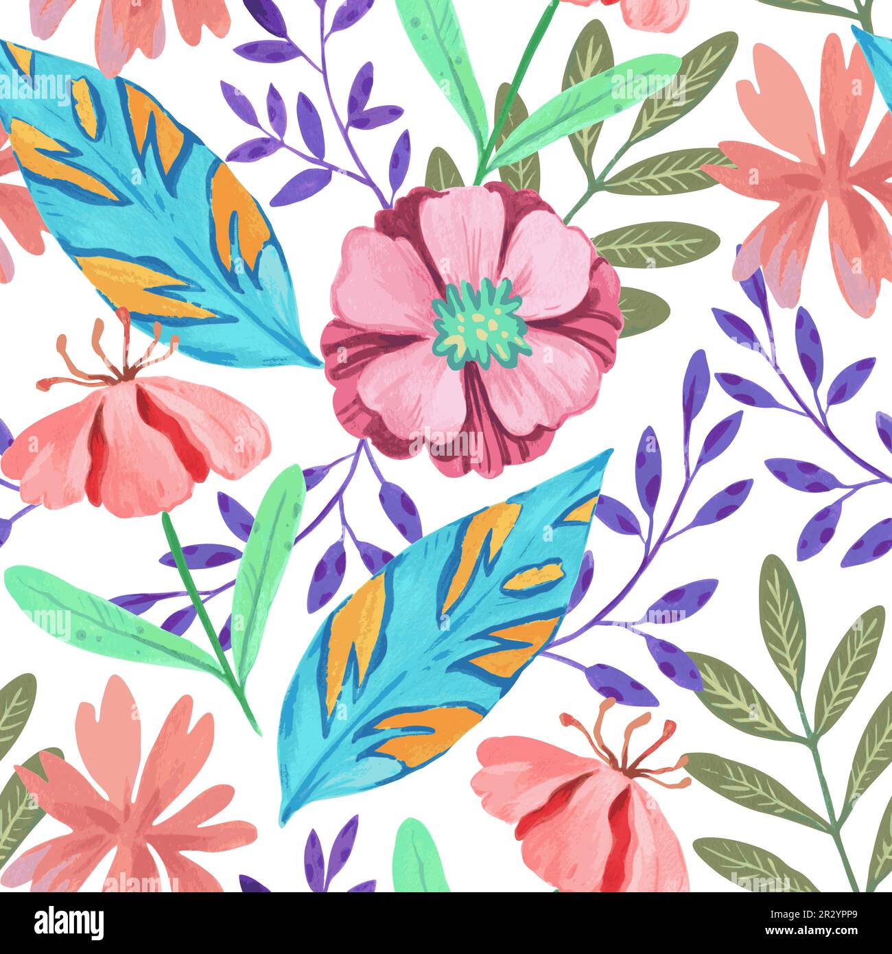 Motif sans couture avec fleurs roses abstraites et divers éléments botaniques aquarelle. Illustration vectorielle dessinée à la main. Illustration de Vecteur