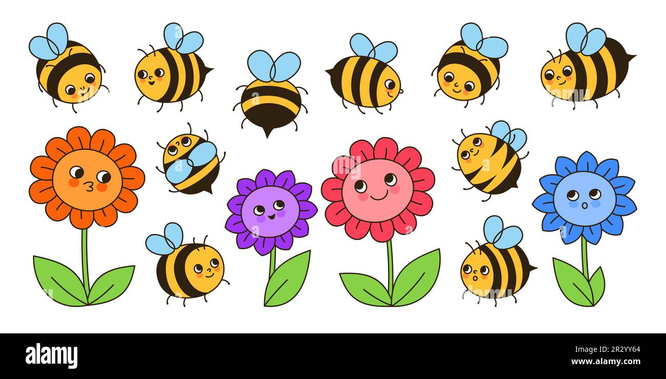 Ensemble de dessins animés rétro de fleurs et de personnages de miel d'abeille. BD enfants abeille insectes personnages mascotte avec visages drôles. Adorable main dessinée été comique smiley rayures abeilles Doodle design illustration vectorielle Illustration de Vecteur