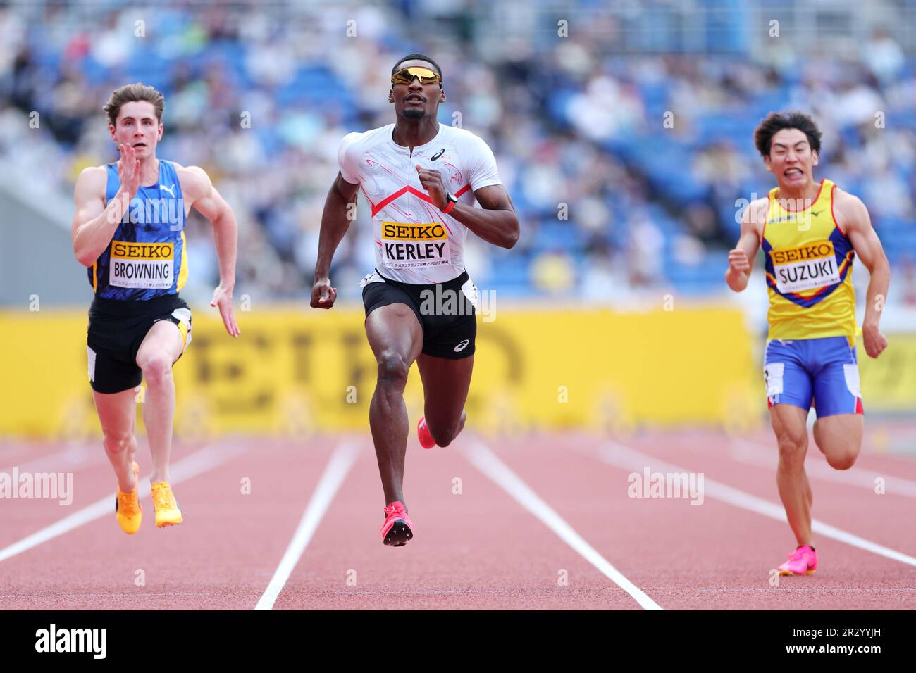 Kanagawa, Japon. 21st mai 2023. (G-D) Rohan Browning, Fred Kerley, Ryota Suzuki Athletics : World Athletics Continental Tour Seiko Golden Grand Prix à Yokohama finale masculine 100m au Nissan Stadium à Kanagawa, Japon . Crédit: Naoki Nishimura/AFLO SPORT/Alay Live News Banque D'Images