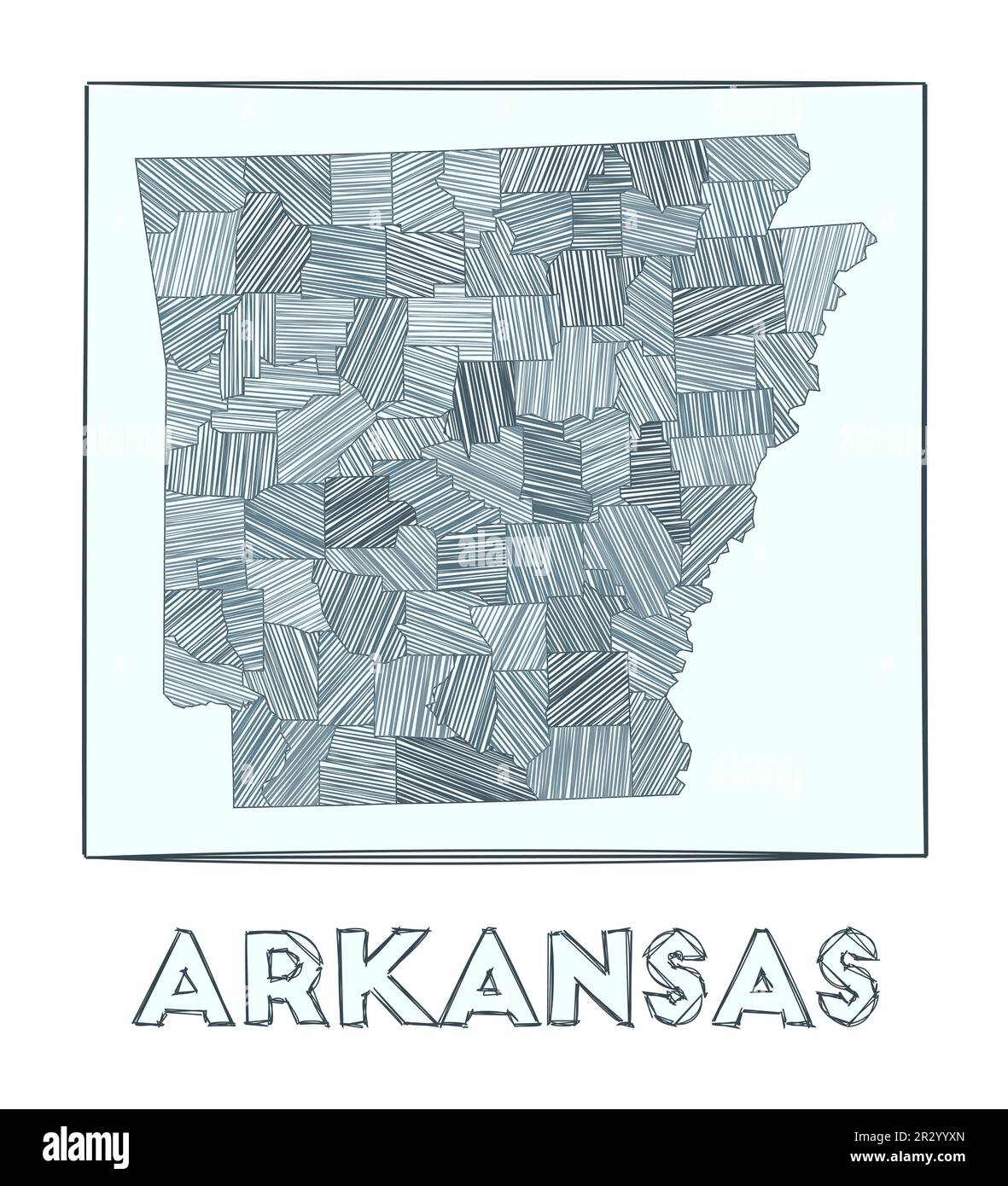 Carte d'esquisse de l'Arkansas. Échelle de gris carte dessinée à la main de l'état US. Zones remplies avec des bandes de haches. Illustration vectorielle. Illustration de Vecteur