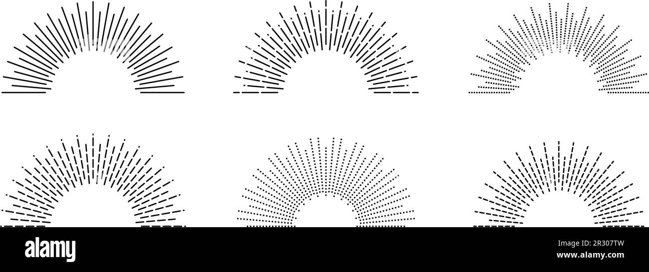 Ensemble de cadre d'ensoleillement demi-cercle. Pack de symboles lever du soleil et rayons du soleil. Collection de rayons de lumière radiaux. Forme rétro de faisceau de soleil. Éléments de design pour logo, étiquette, badge, poster. Ensemble vectoriel Illustration de Vecteur