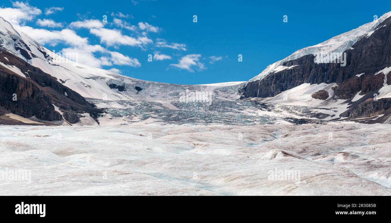 Panorama sur le glacier d'Athabasca le long de la promenade Icefields, parc national Banff et Jasper, Canada. Banque D'Images