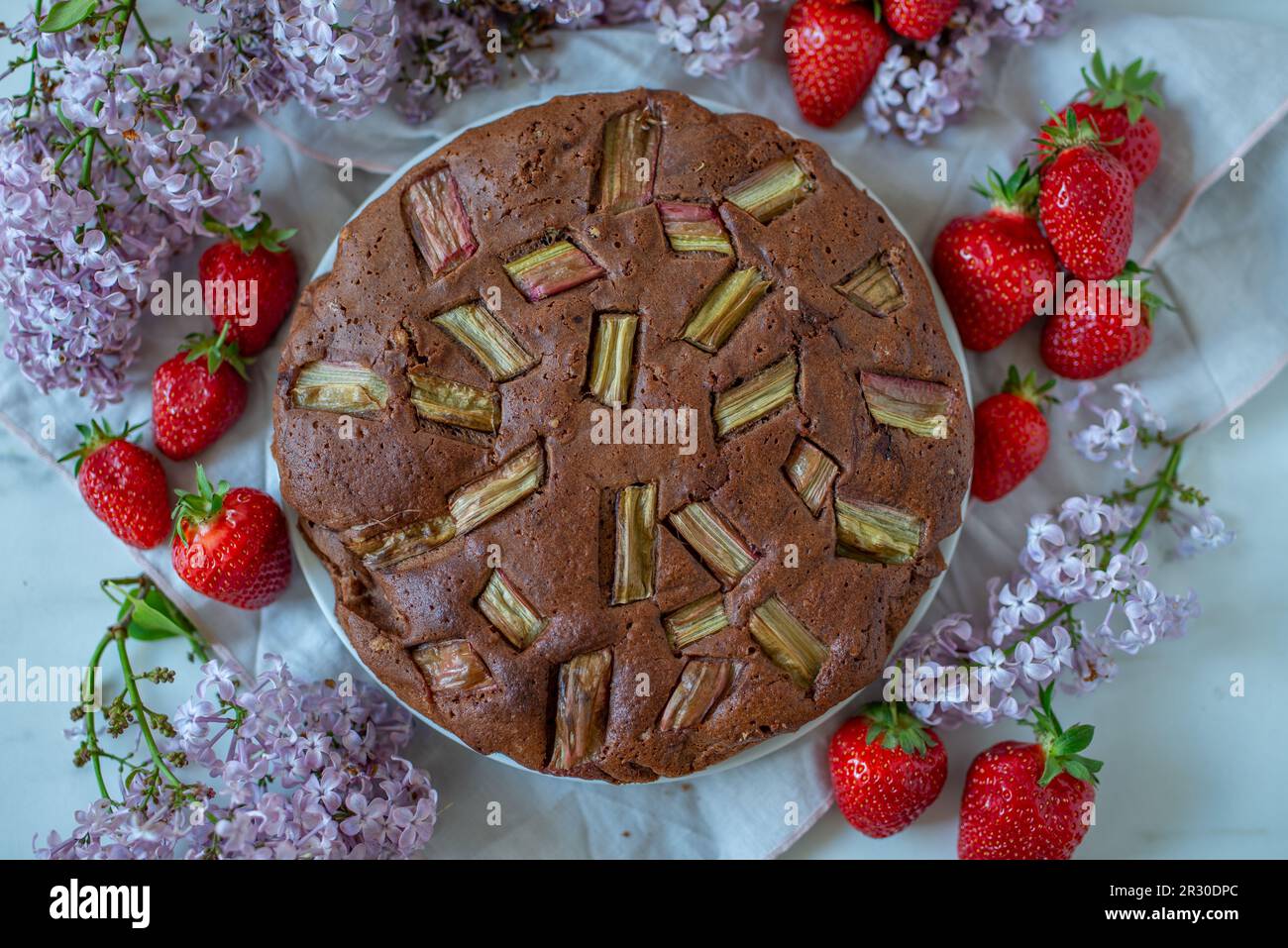 gâteau de rhubarbe au chocolat fait maison sur une table Banque D'Images