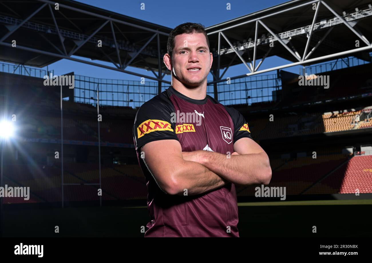 Tom Gilbert, des Maroons, pose pour une photographie lors de l'annonce de l'équipe de l'État d'origine des Maroons du Queensland en 2023 au stade Suncorp à Brisbane, lundi, 22 mai 2023. (AAP image/Darren England) PAS D'ARCHIVAGE, USAGE ÉDITORIAL UNIQUEMENT Banque D'Images