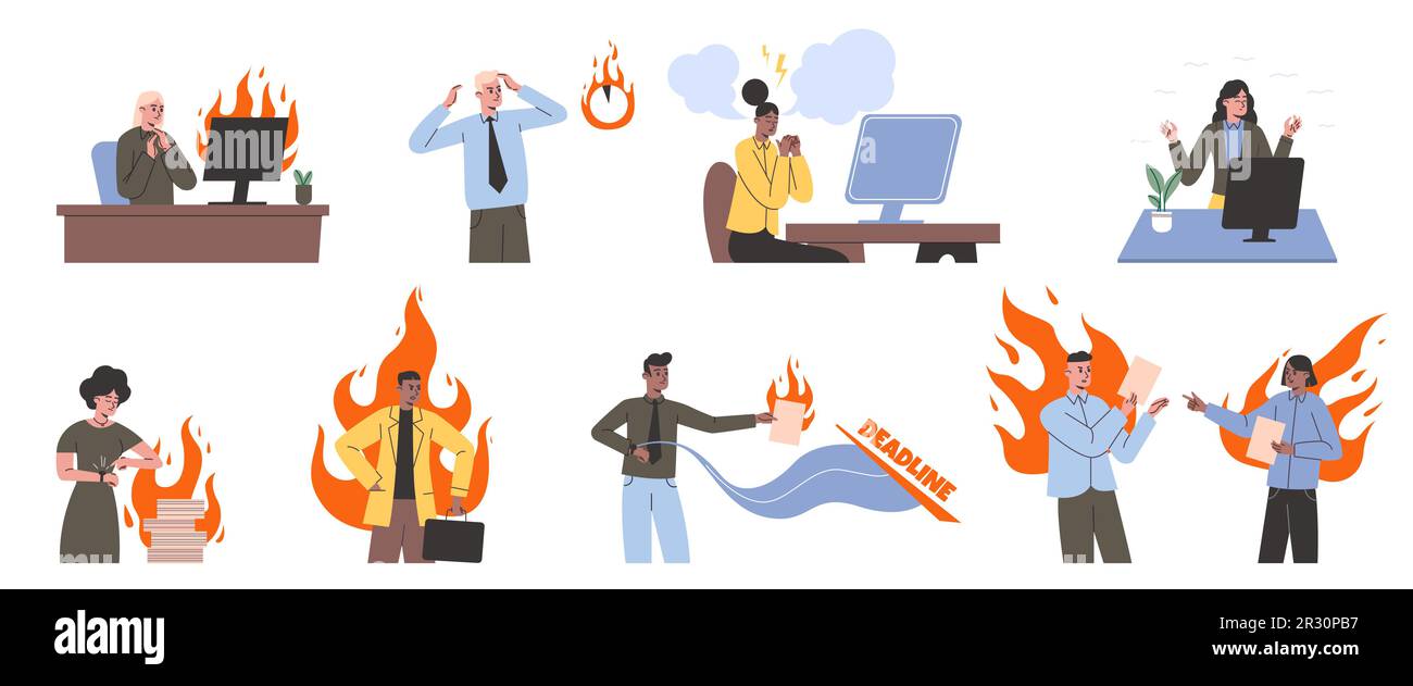 Personnes stressées. Employés de bureau de dessin animé dans une atmosphère de travail occupée. Délais de dernière minute. Situations de conflit d'affaires. Les hommes et les femmes en colère Illustration de Vecteur