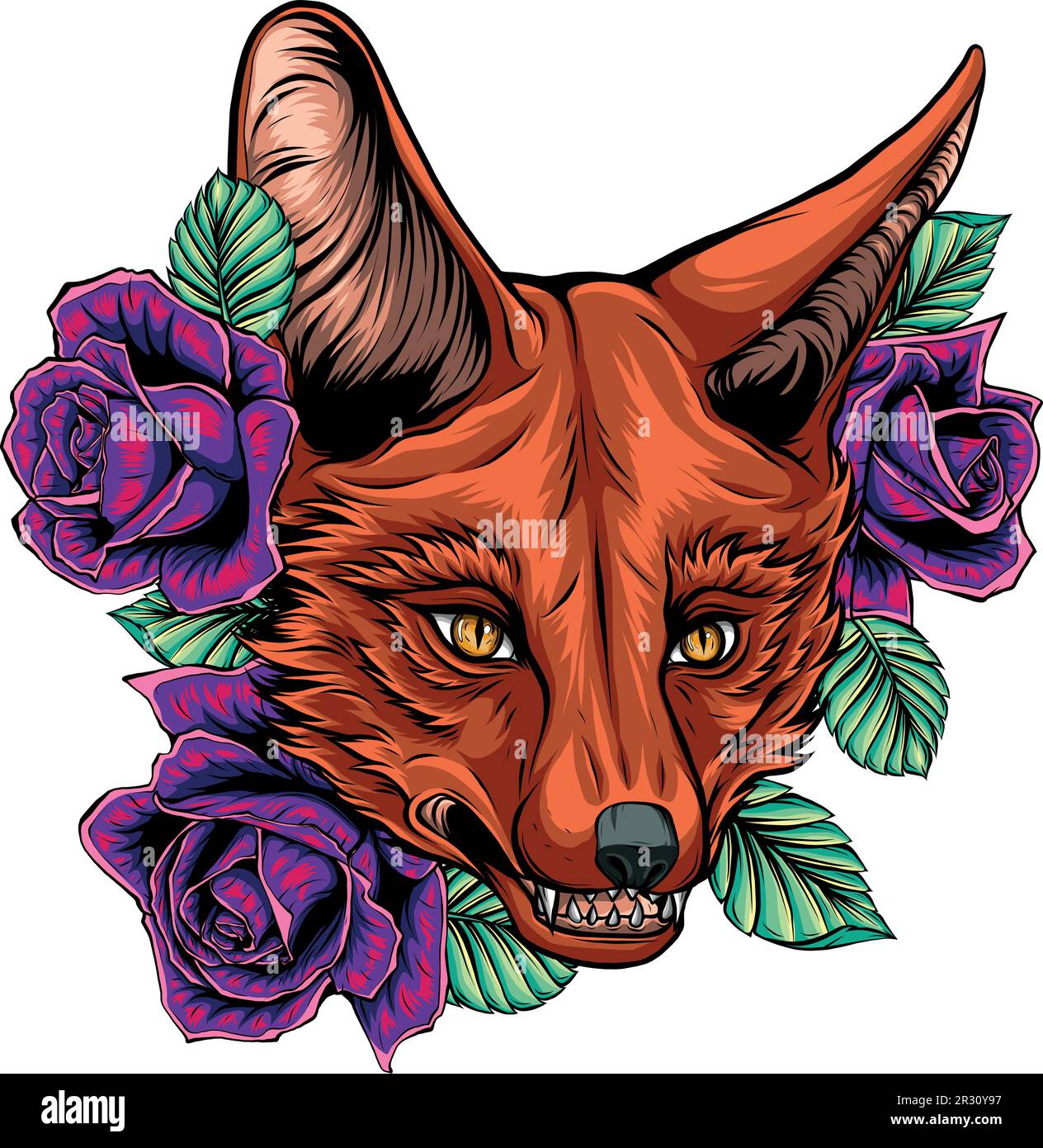 illustration vectorielle de la tête de renard avec des roses Illustration de Vecteur