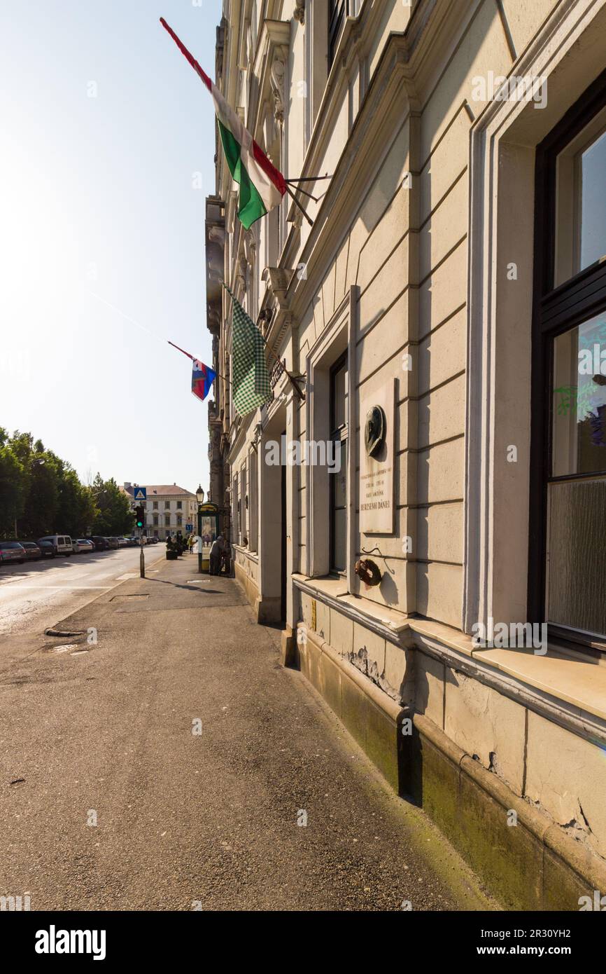 École avec drapeau à carreaux ou à carreaux, symbole de la communauté des enseignants proteste contre les abus du gouvernement, Sopron, Hongrie Banque D'Images