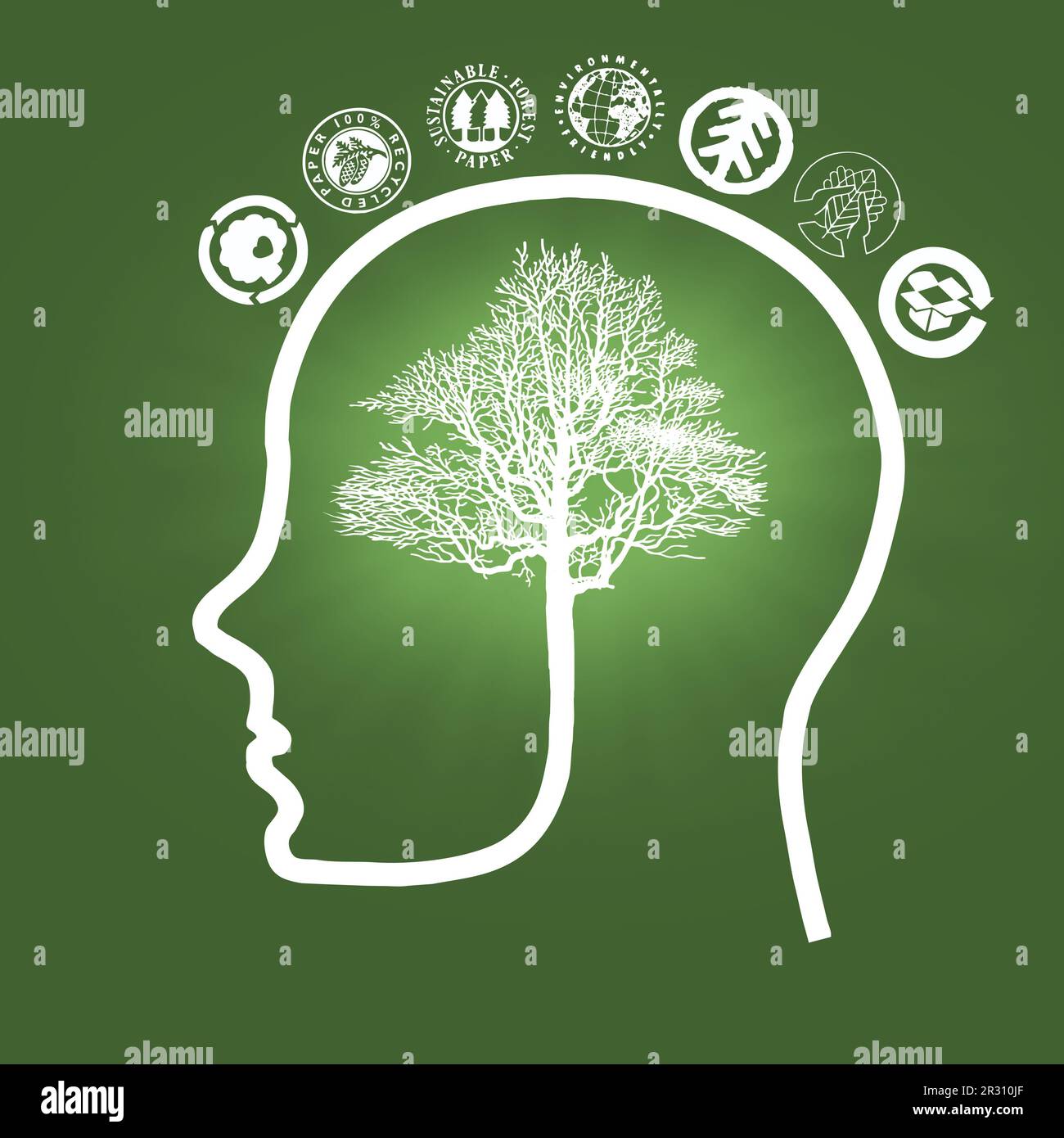 Illustration du contour de la tête humaine avec un cerveau en forme d'arbre entouré de pictogrammes écologiques - concept de sensibilisation à l'environnement Banque D'Images