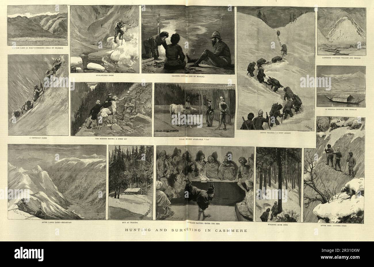 Illustration ancienne de la scène de chasse et d'arpentage au Cachemire, 1880s, 19th siècle Banque D'Images
