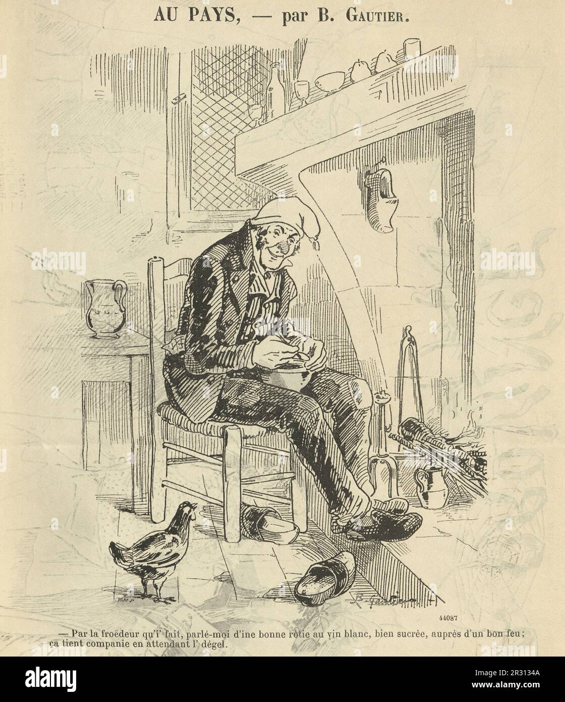 Caricature française vintage, homme mangeant un bol de soupe près du feu, 19th siècle. Au paie. - Par le fromeur qu'il fait, parlé-moi d'ine bonne rôtie au vin blanc, bien sucrare, auprès d'un bon feu; ça tient compagnie en attendant l'gel. Banque D'Images
