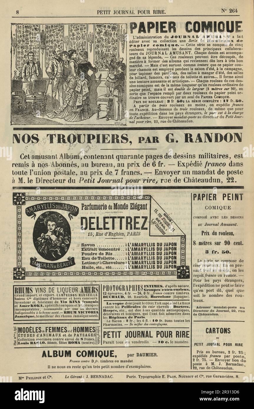 Illustration vintage, page Vintage des annonces de journaux français, 1890s, 19th siècle Banque D'Images