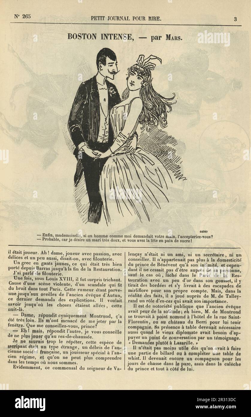 Illustration vintage, dessin animé d'un jeune couple dansant la danse de Boston, français, 1890s, 19th siècle. Banque D'Images
