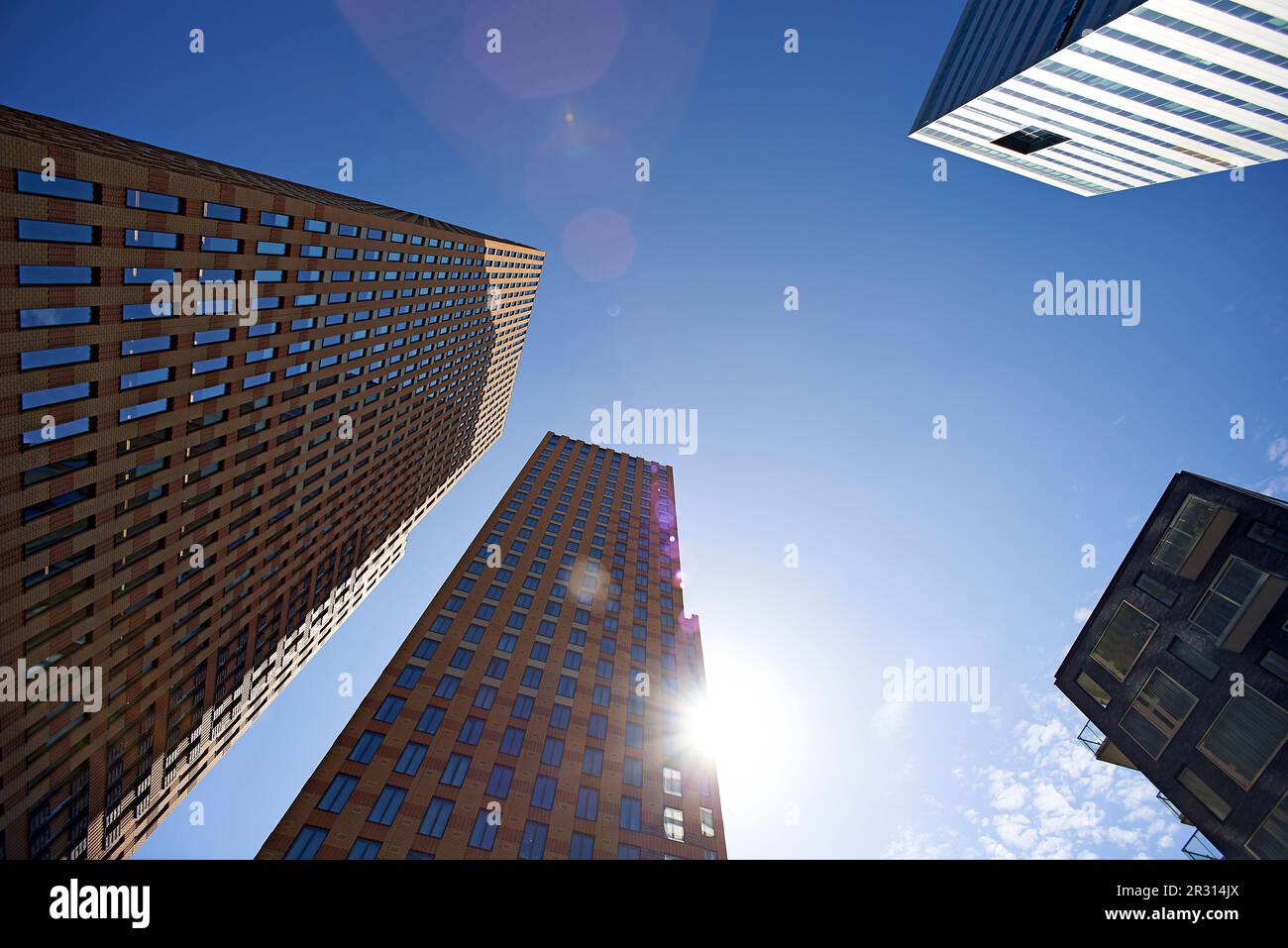 Vue sur les gratte-ciel des tours de bureaux en plein soleil Banque D'Images