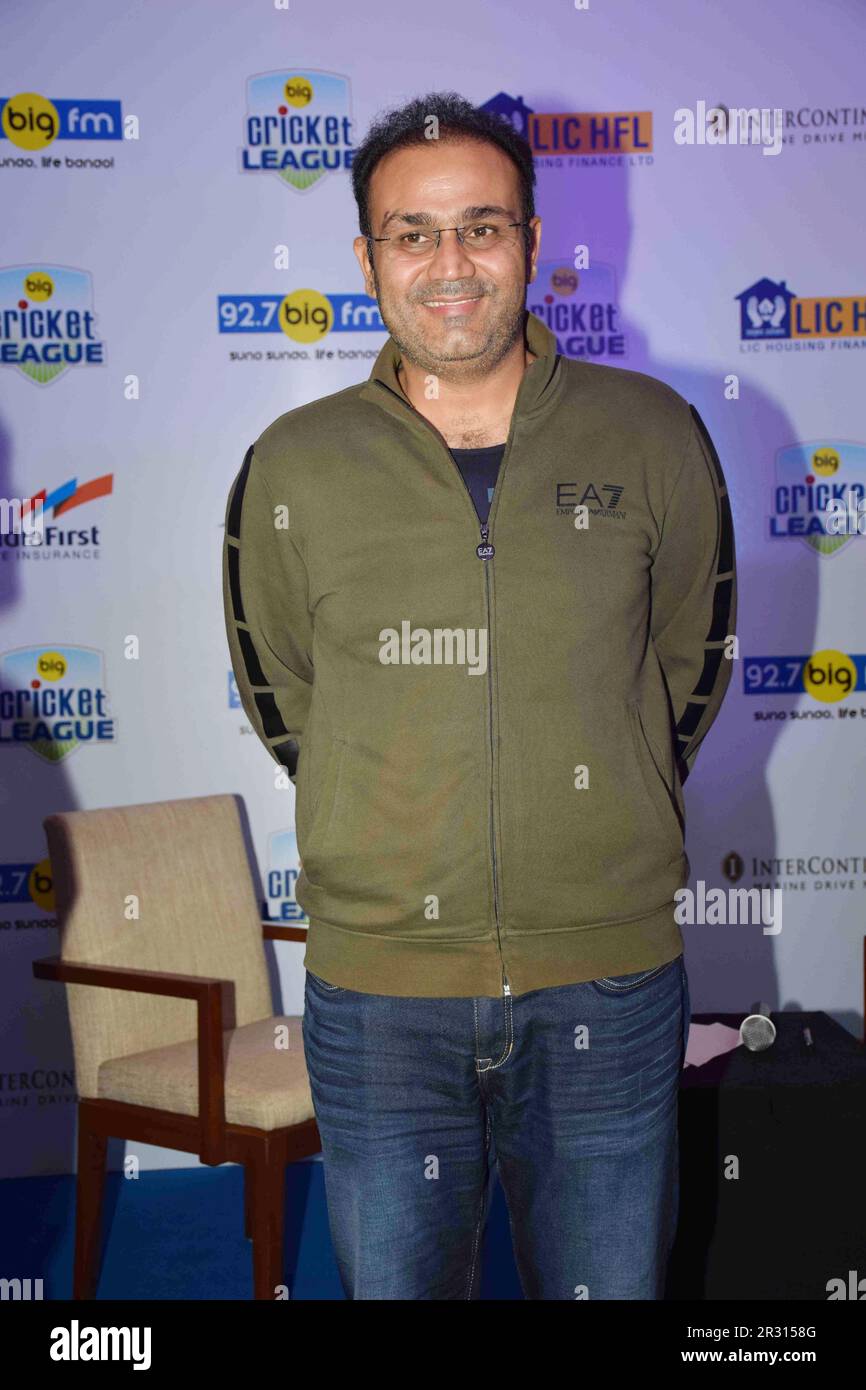 Virender Sehwag, joueur de cricket indien, RENCONTRE DE BIG FM, Ligue de cricket, Mumbai, Inde, 12 mai 2017 Banque D'Images