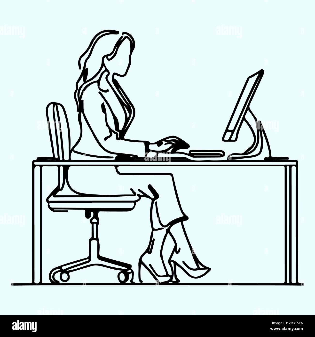 Femmes d'affaires assises sur une chaise de bureau et travaillant sur l'art de ligne d'ordinateur Banque D'Images