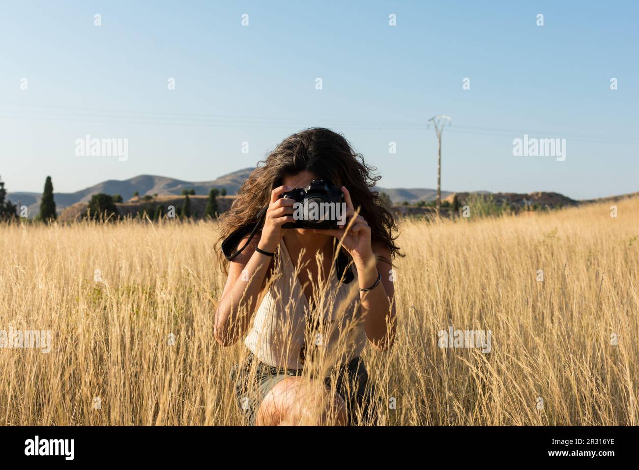 Une jeune femme prend une photo avec un appareil photo dans un pré au soleil Banque D'Images