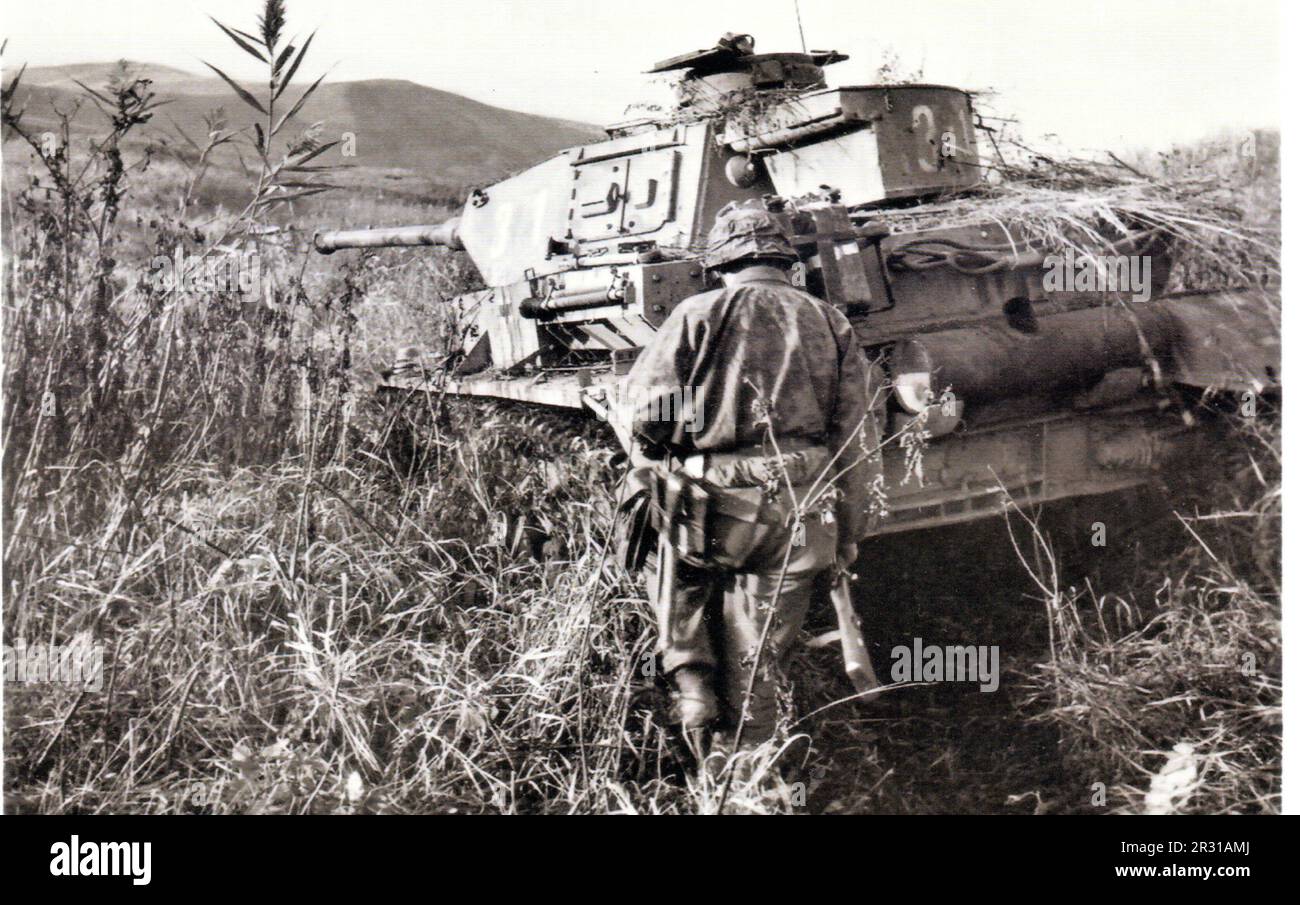 Photo B&W de la Seconde Guerre mondiale un militaire SS de la division Wiking à Camo Smock sur le secteur sud du Front russe 1942 Banque D'Images