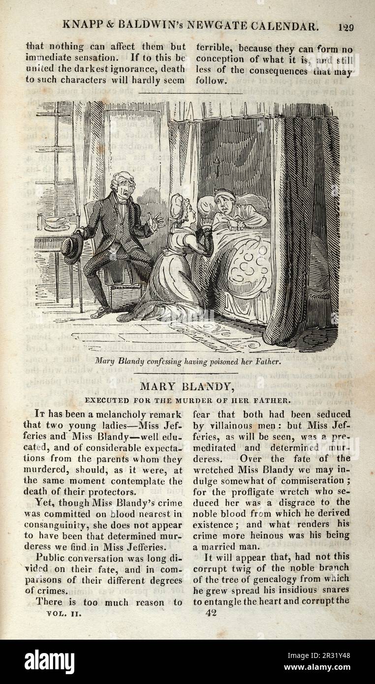 Mary Blandy cofessing ayant empoisonné son père, meurtre au 18th siècle, page du calendrier Newgate, Histoire du crime, illustration ancienne Banque D'Images