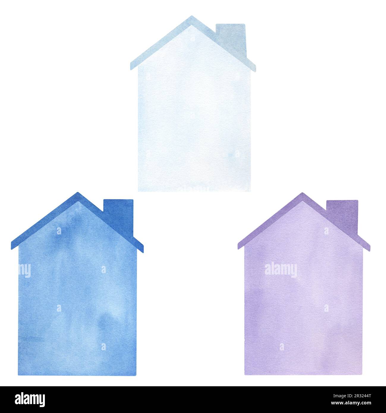 Un ensemble de maisons colorées avec des toits et des cheminées de riches couleurs bleu, bleu clair et violet. mettez en surbrillance l'illustration aquarelle sur un blanc Banque D'Images