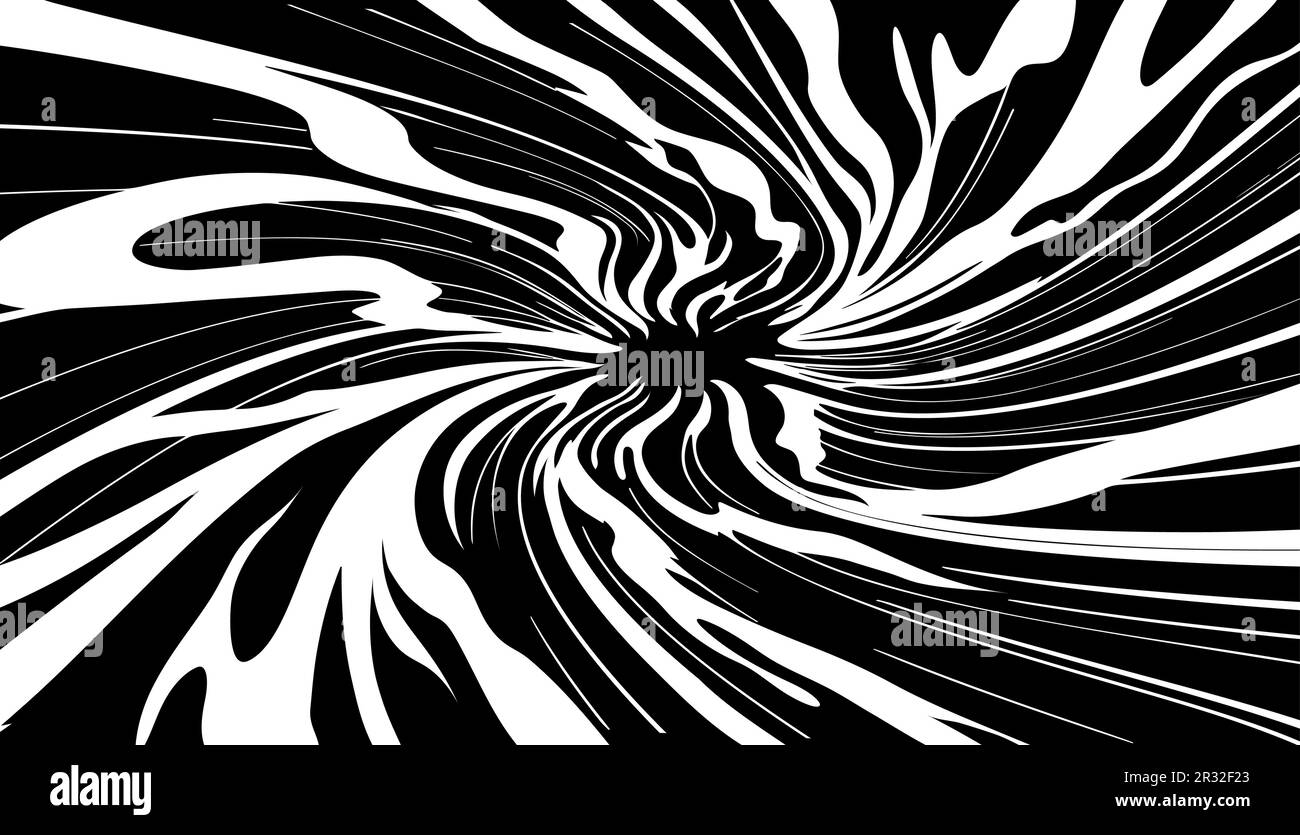 Fond plat noir et blanc avec tourbillon d'énergie en spirale. Tunnel en spirale. Image vectorielle en style manga et anime. Illustration de Vecteur