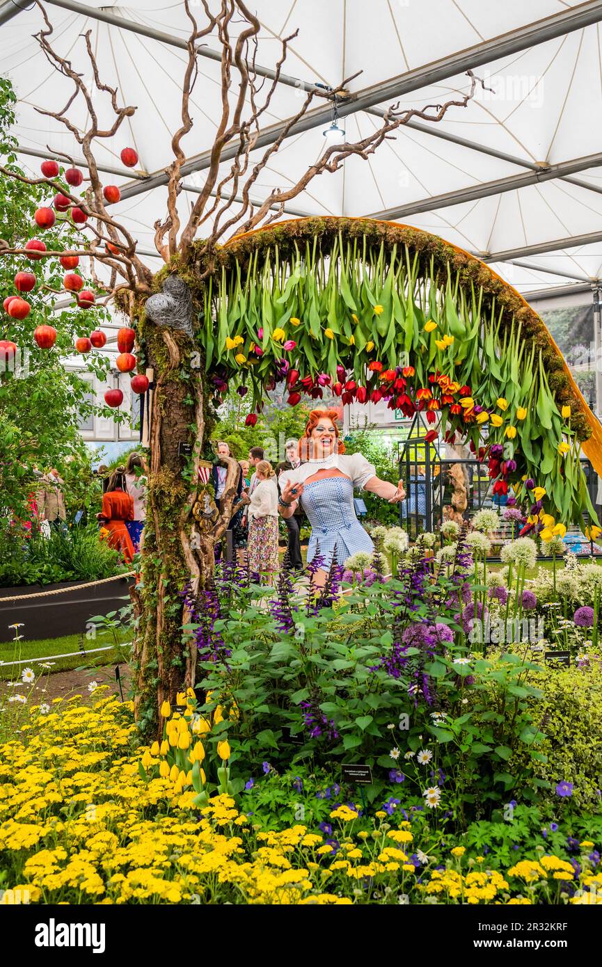 Londres, Royaume-Uni. 22nd mai 2023. Gigi Capri joue Dorothy sur le stand John Cullen Designs - lundi au Chelsea Flower Show 2023. Crédit : Guy Bell/Alay Live News Banque D'Images