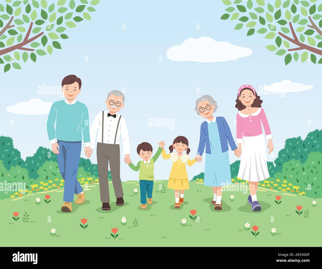 Famille heureuse et fond de nature. Le père, la mère, le grand-père, la grand-mère et les enfants marchent main dans la main. Illustration de Vecteur