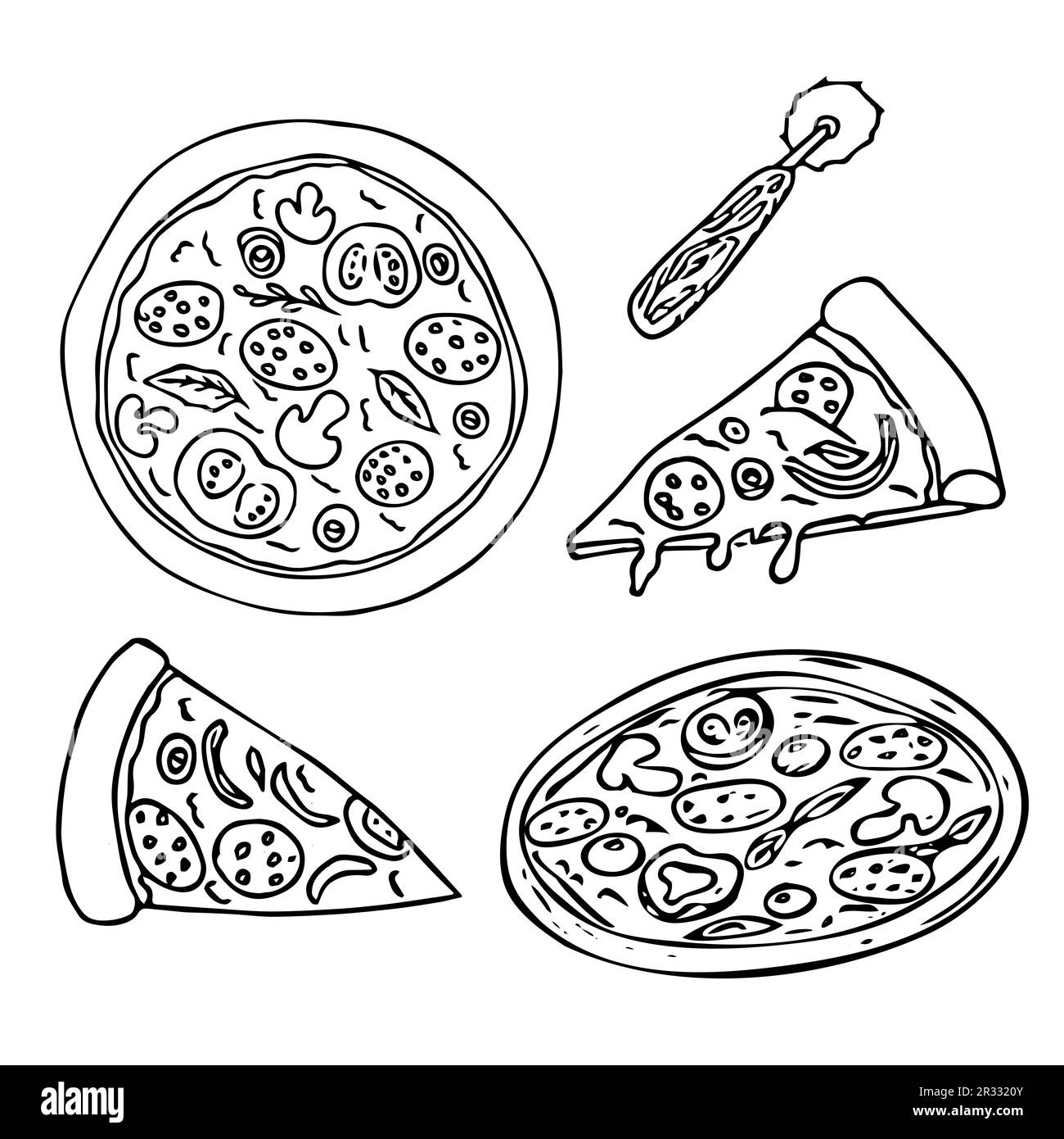 pizza set, pizza tranche et ronde avec un couteau rond doodle dessiné à la main dans le style de dessin animé, bande dessinée isolée sur fond blanc. . Illustration vectorielle Illustration de Vecteur