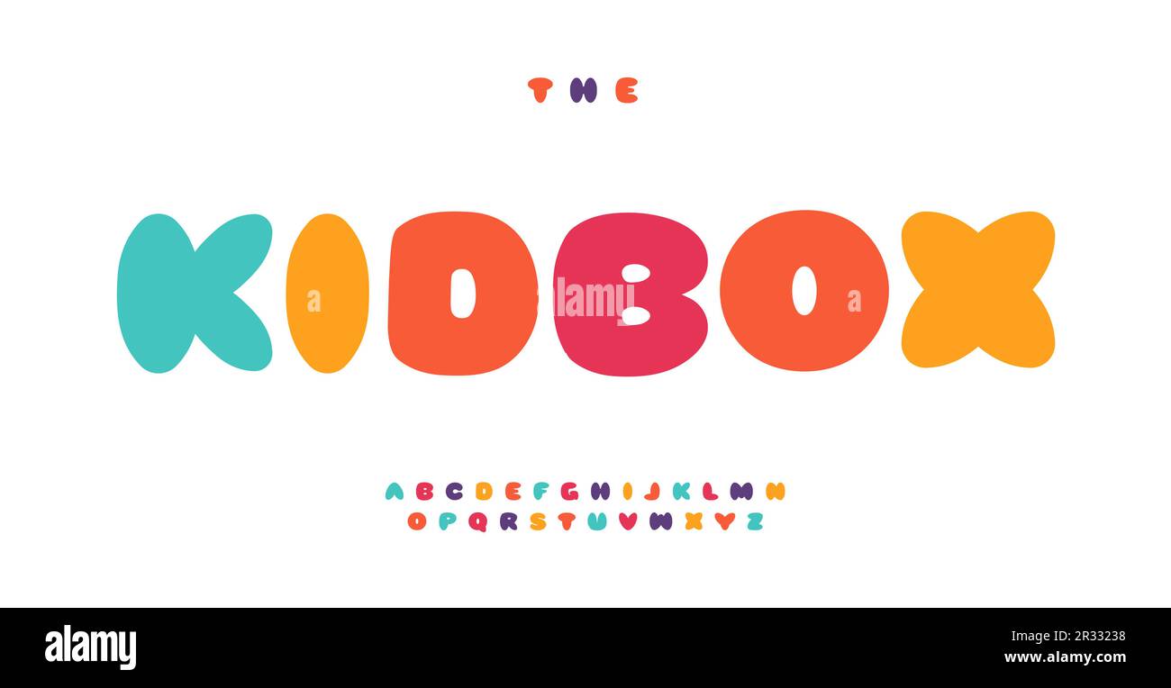 Alphabet coloré pour enfants, lettres plumpy, police drôle de festival pour le lettrage et le logo gras lumineux, titre enfantin, typographie de boîte de jouet, moderne Illustration de Vecteur