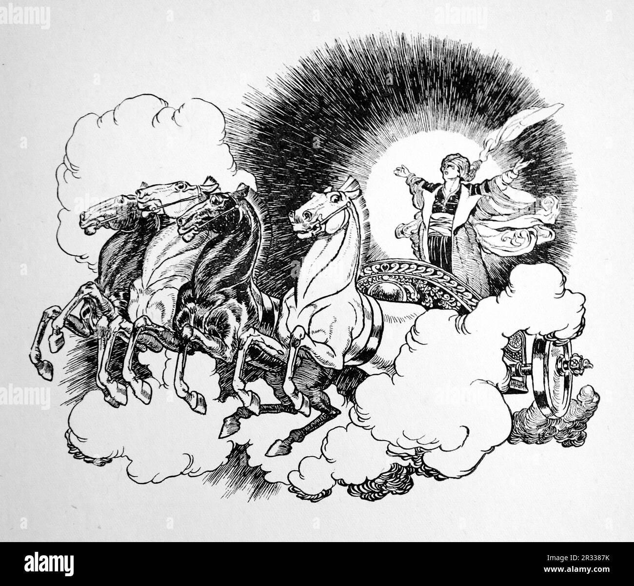 Par Rene Bull Dessin de ligne, personnage avec bras étirés sur un char tiré par quatre chevaux dans les nuages. Du Rubaiyat d'Omar Khayyam. Banque D'Images