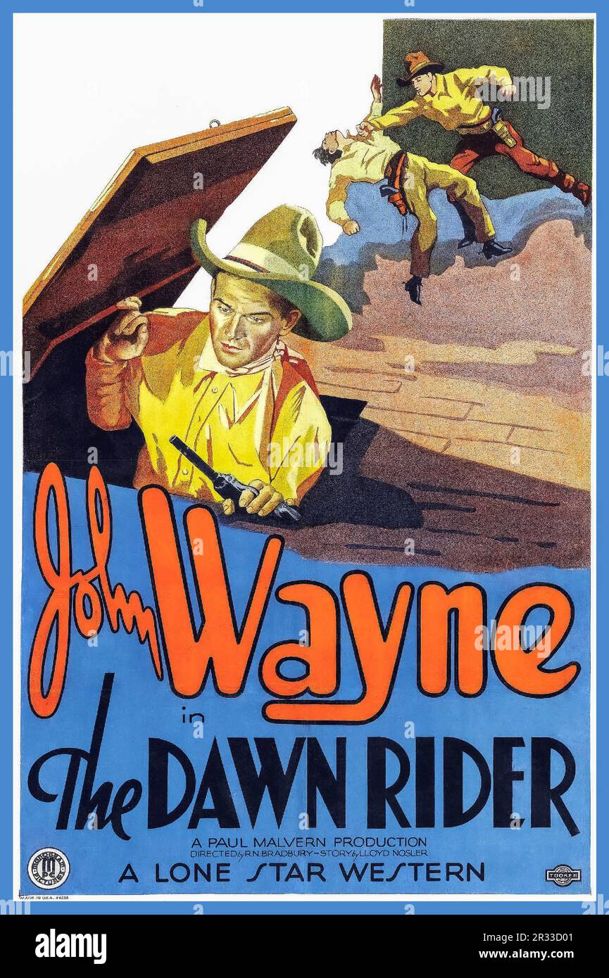 Affiche de film vintage pour le film de 1935 The Dawn Rider. Avec John Wayne. The Dawn Rider est un film américain de 1935 avec John Wayne et réalisé par Robert N. Bradbury. John Wayne comme John Mason Marion Burns comme Alice Gordon, Dennis Moore comme Rudd Gordon, Reed Howes comme Ben McClure Joseph de Grasse comme Dad Mason Yakima Canutt comme propriétaire de saloon Earl Dwire comme Pete (Expressman) Nelson McDowell comme Bates (Undertaker) Banque D'Images