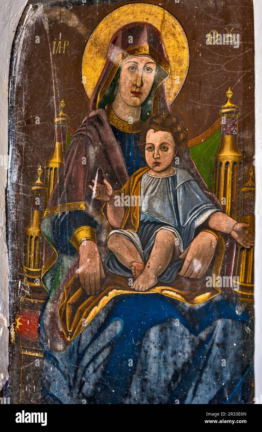 Peinture de la Vierge et de l'enfant au templon dans l'église du village de Nomitsi, Messenian Mani, péninsule du Péloponnèse, région du Péloponnèse, Grèce Banque D'Images