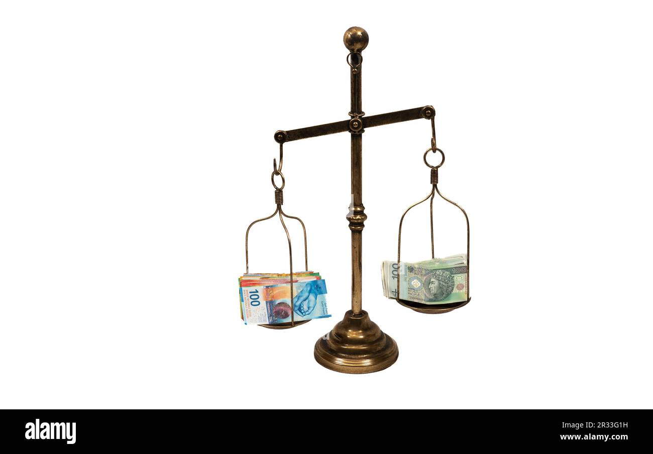 Franki a złotówki, compare polonais złoty et franc suisse, PLN vs. CHR, avoirdupois, échelle de laiton, Heft, PLN, złoty, balance, poids, zloty poli, zlotó Banque D'Images