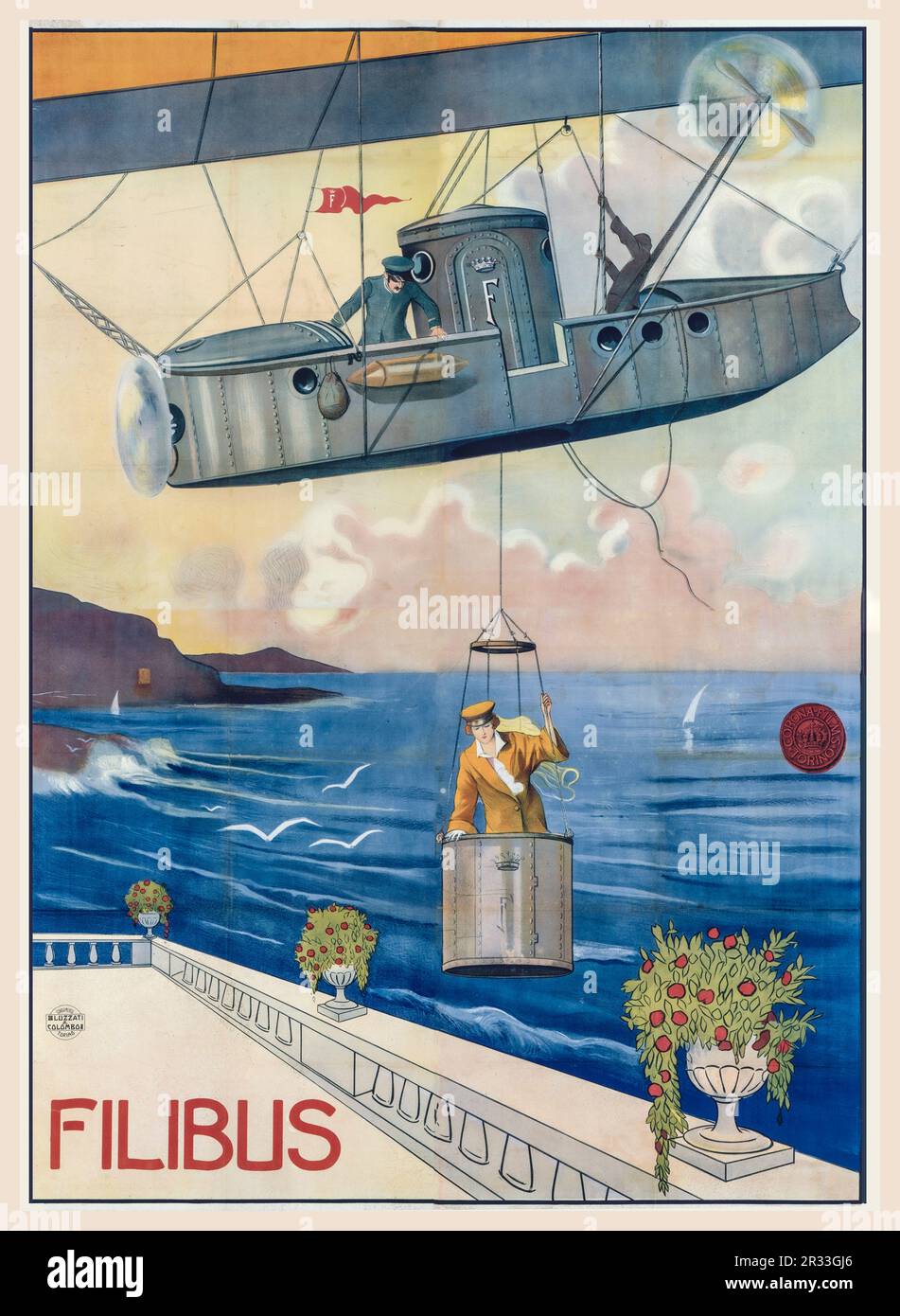 Affiche de film d'époque pour le film de 1915 Filibus Airship (Corona films, Italie). FILIBUS Vintage affiche du film italien de 1900 pour le film de 1915 “Filibus” (Corona films, Italie) Filibus est un film italien d'aventure silencieuse réalisé en 1915 par Mario Roncoroni et écrit par Giovanni Bertinetti. Le film présente Cristina Ruspoli comme personnage de titre, un mystérieux pirate du ciel qui fait des héistes audacieux avec son avion technologiquement avancé. Mars 1915 (Italie) Banque D'Images