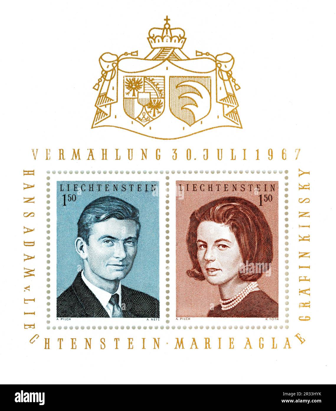 1967 feuilles de timbres commémorant le mariage du prince Hans-Adam II du Liechtenstein et de la comtesse Marie Kinsky de Wchinitz et Tettau. Banque D'Images