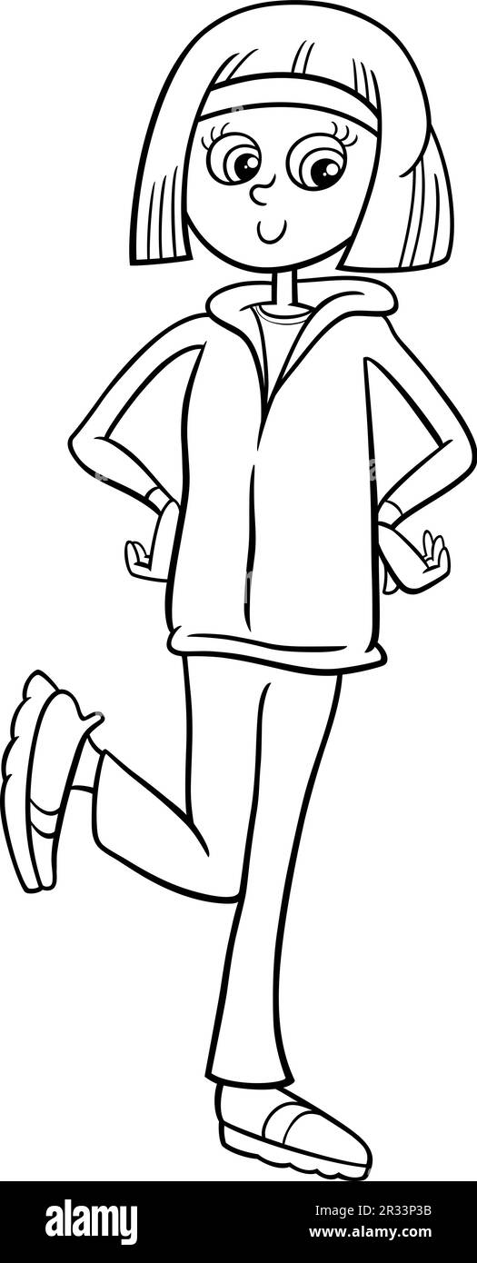 Dessin animé noir et blanc illustration de drôle de l'adolescence fille de personnage de bande dessinée page de coloriage Illustration de Vecteur
