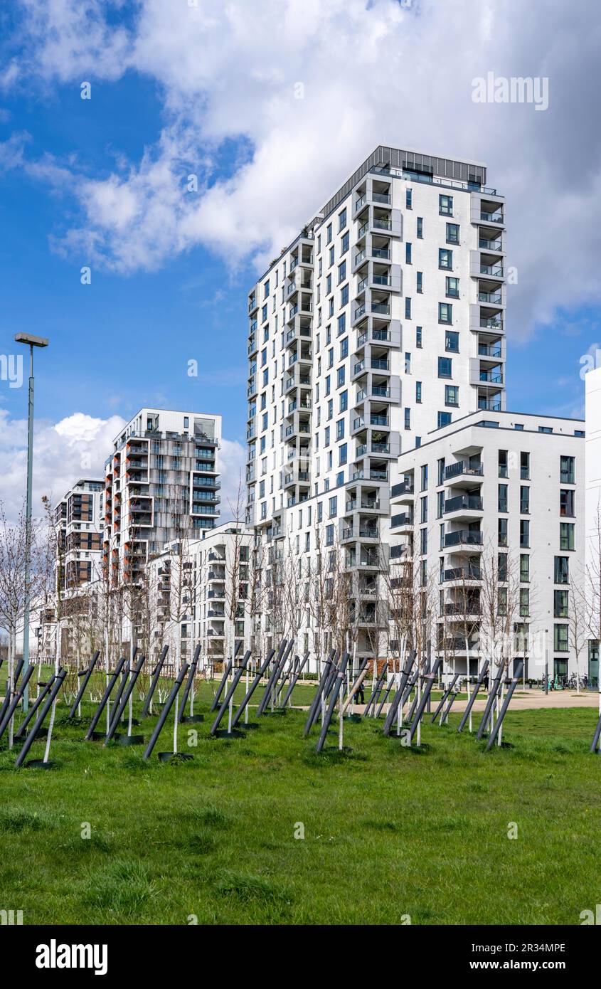 Quartier résidentiel moderne le long de la Toulouser Allee, immeubles de haute hauteur avec appartements et bureaux, sur d'anciens sites ferroviaires, station de marchandises, esta industrielle Banque D'Images