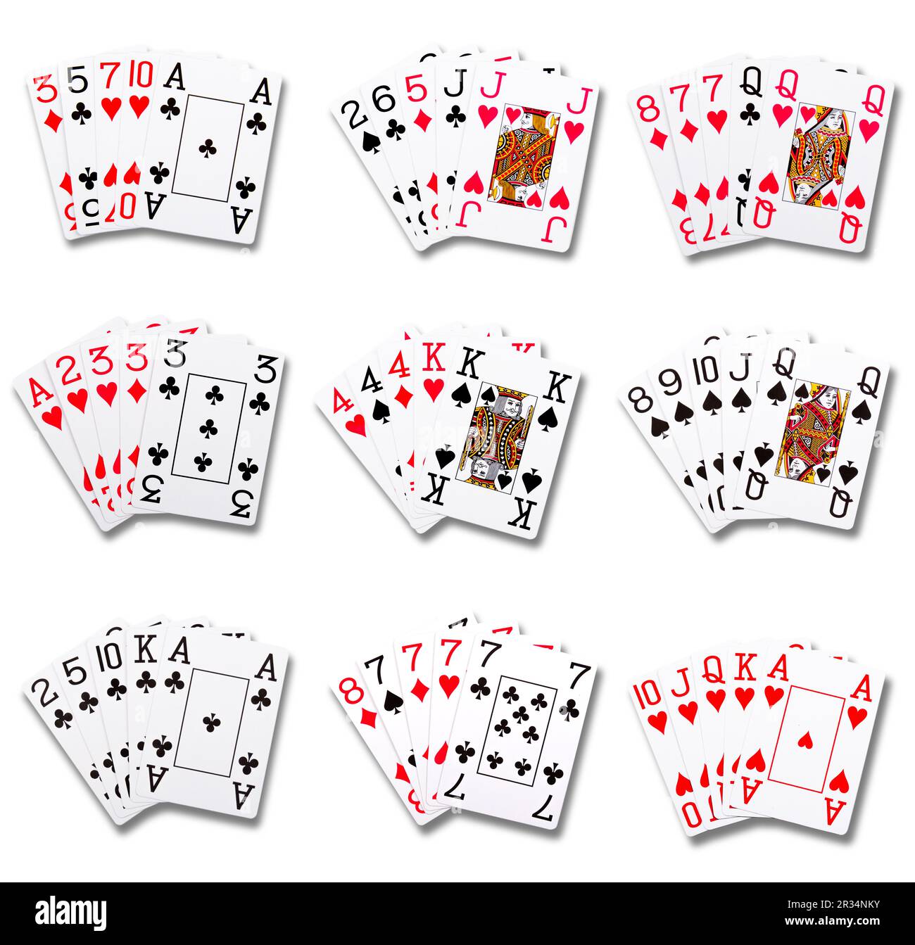 Combinaisons de classements de poker isolées sur blanc Banque D'Images