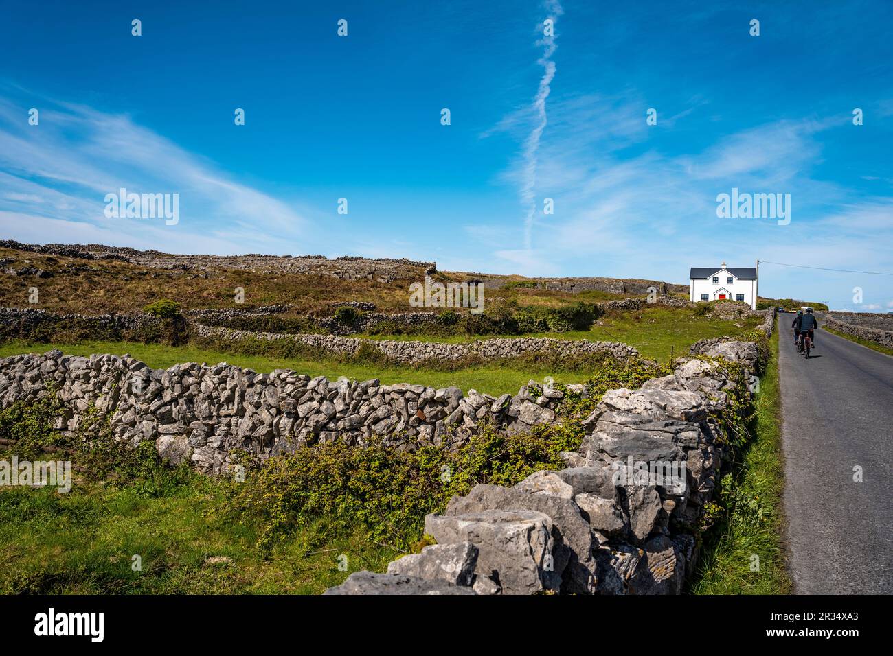 Paysage d'Inis Mór, ou Inishmore, la plus grande des îles d'Aran dans la baie de Galway, au large de la côte ouest de l'Irlande, avec des maisons et des murs en pierre. Banque D'Images