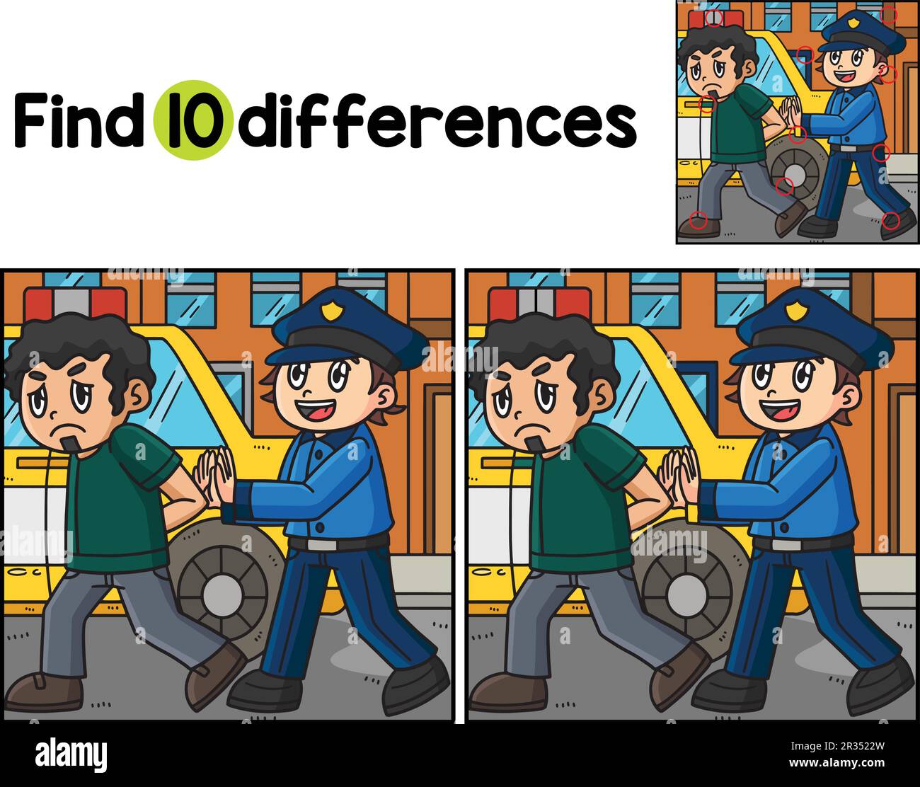 La police avec le criminel en voiture trouvent les différences Illustration de Vecteur