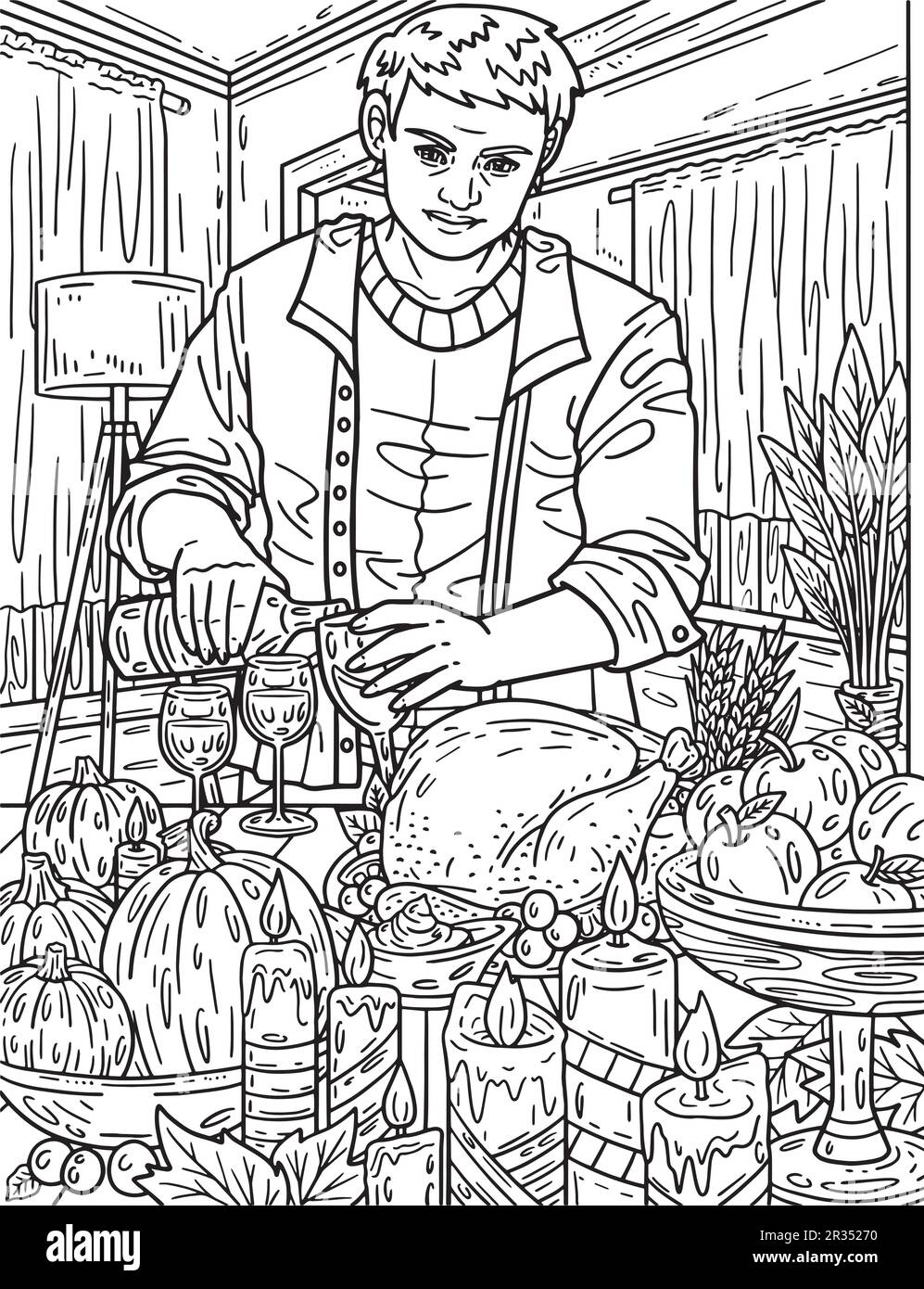 Page de coloriage Père de Thanksgiving avec vin adultes Illustration de Vecteur