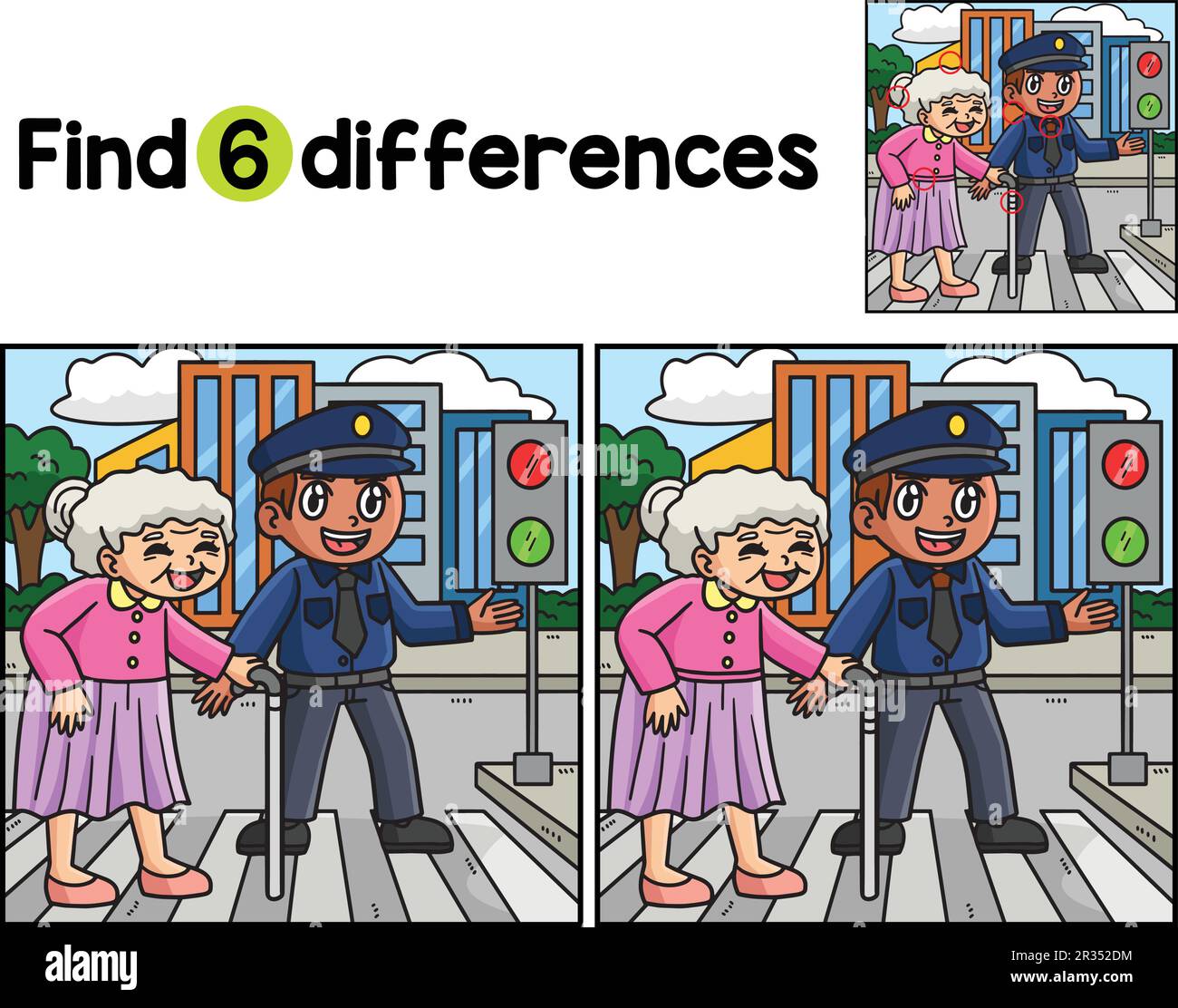 L'agent de police avec la vieille femme trouve les différences Illustration de Vecteur