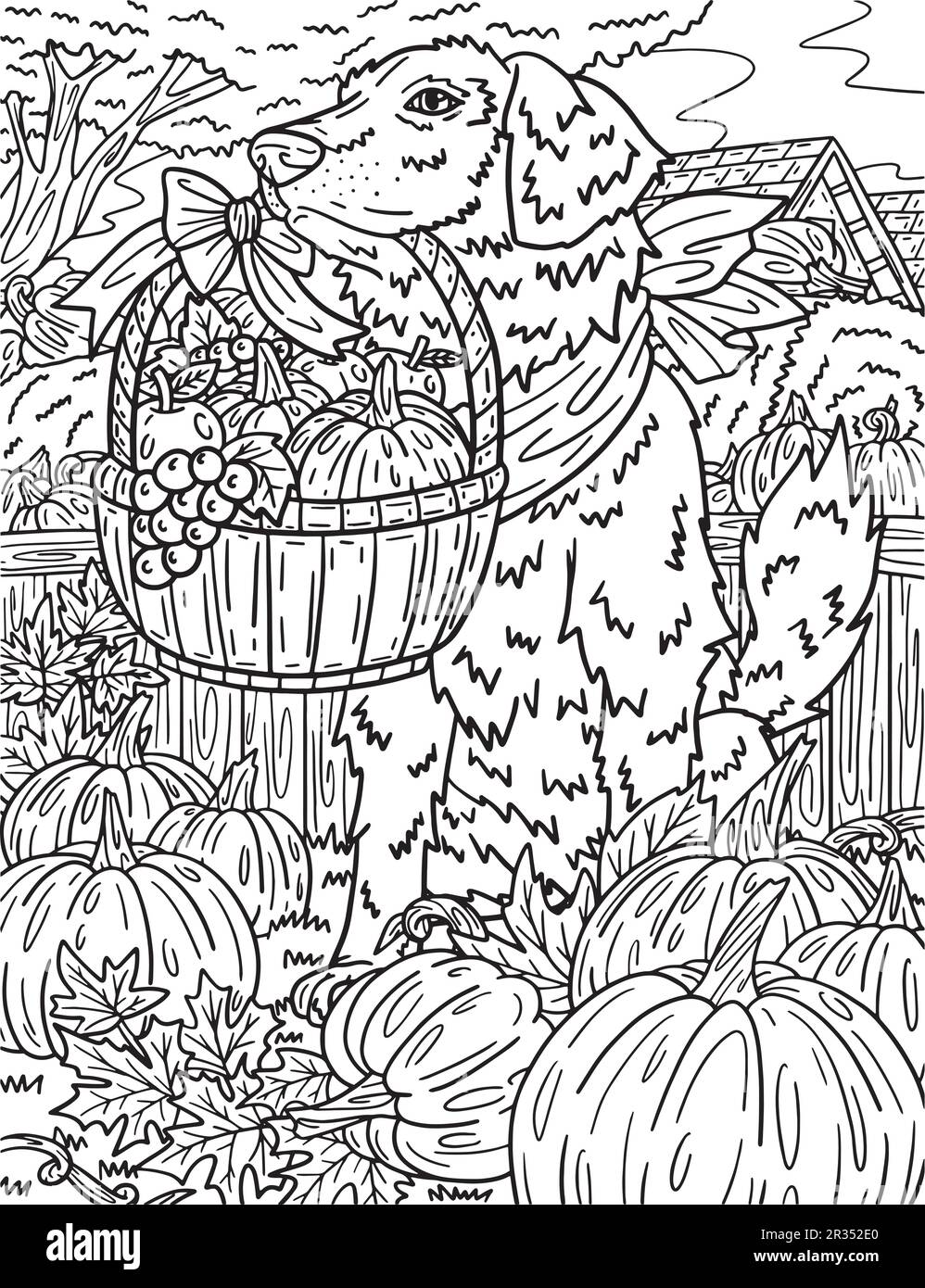 Chien de Thanksgiving transportant des adultes de récolte coloration Illustration de Vecteur