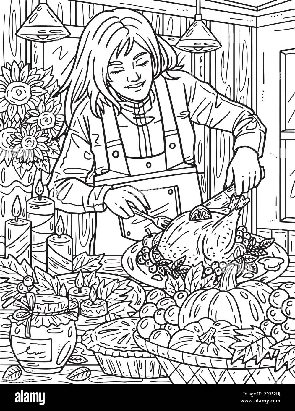 Thanksgiving femme découpage de dinde adultes coloration Illustration de Vecteur
