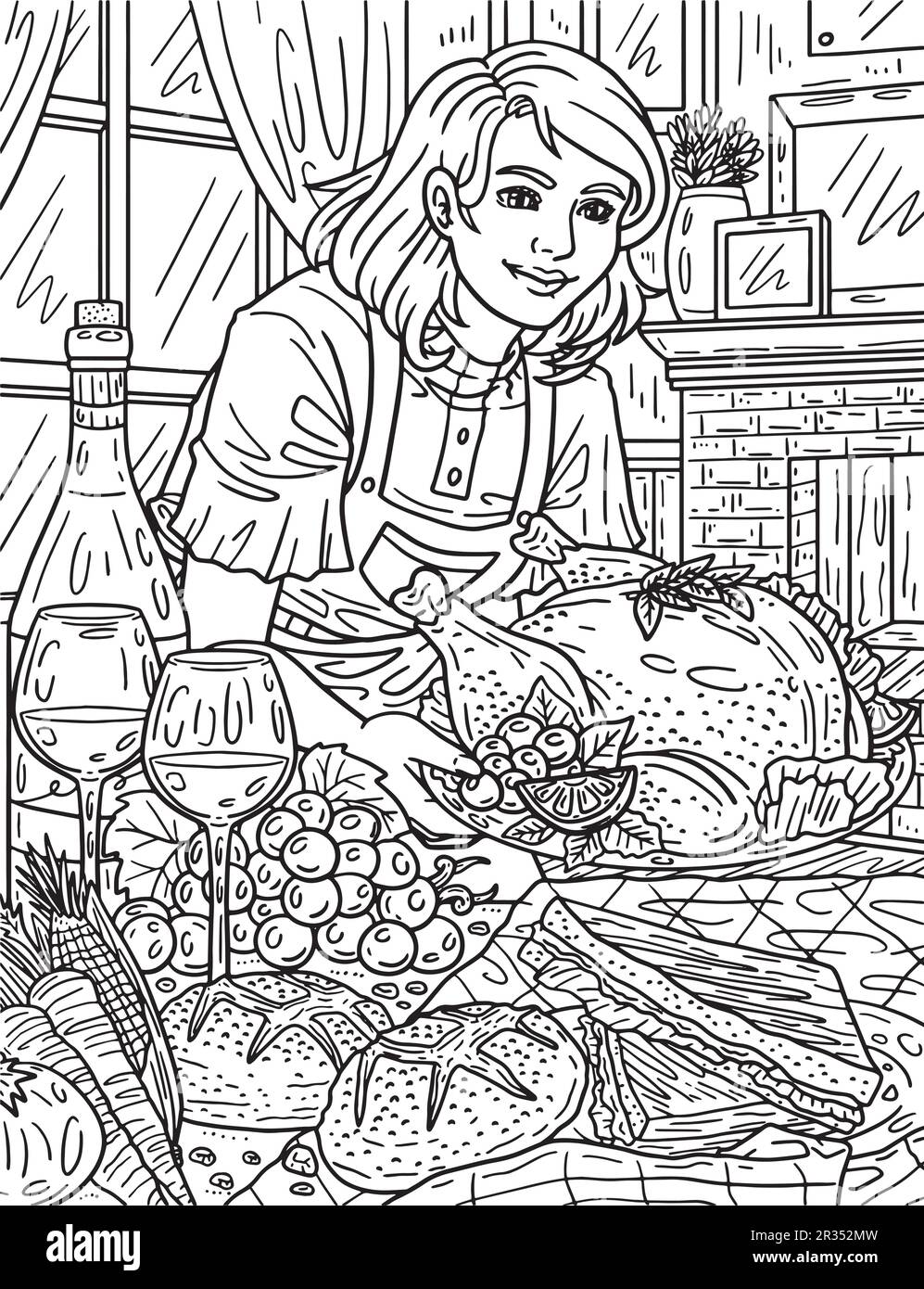 Thanksgiving mère servant dinde adultes coloriage Illustration de Vecteur