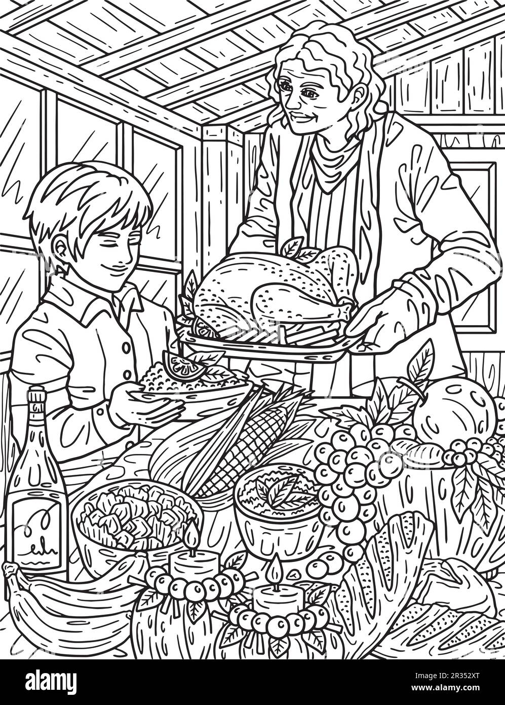 Thanksgiving Grand-mère préparation de la nourriture coloration adulte Illustration de Vecteur