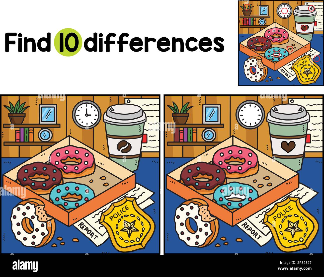 Badge de police, Donuts, café trouvent les différences Illustration de Vecteur