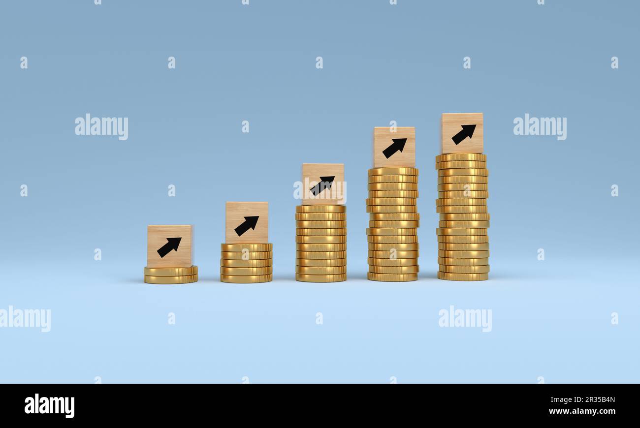 Flèche de cube en bois avec pièces sur fond bleu, concept de données économiques, Indice des prix à la clientèle. 3D rendu. Banque D'Images