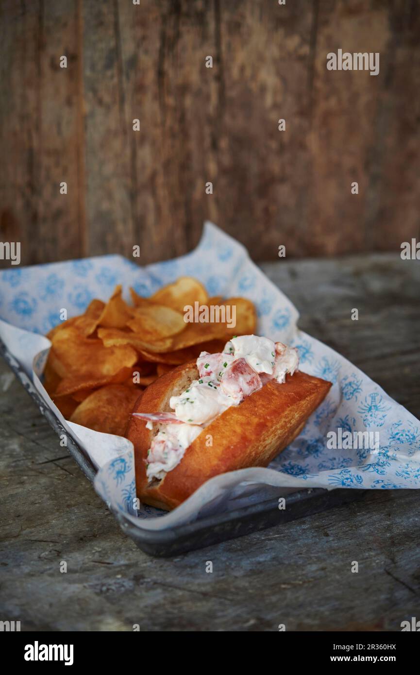 Un rouleau de homard avec des frites Banque D'Images