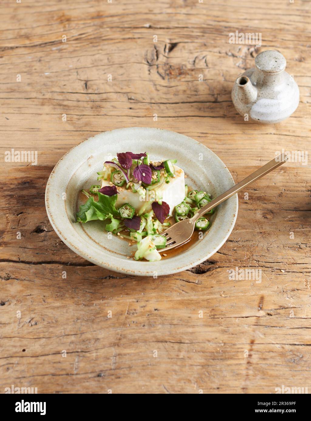 Tofu avec salade et sauce soja Banque D'Images